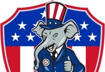Cartoon elephant dressed in a suit with an American flag theme