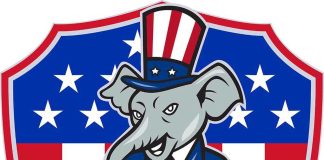 Cartoon elephant dressed in a suit with an American flag theme