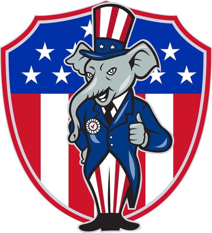Cartoon elephant dressed in a suit with an American flag theme