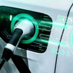 Electric car charging with futuristic display interface.