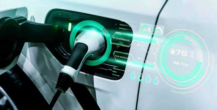 Electric car charging with futuristic display interface.