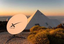 Musk Eyes COLOSSAL $1.5 Trillion SpaceX IPO Satellite dish near pyramid-shaped building at sunset.