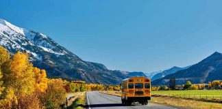 Teacher’s Disgusting Misconduct Rocks School! A yellow school bus driving on a rural road surrounded by autumn trees and mountains