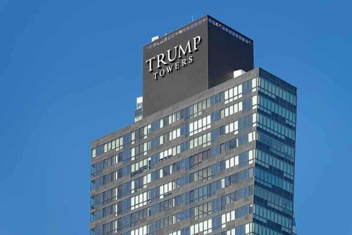 shutterstock_191289770.jpg View of Trump Towers, a modern skyscraper with a glass facade against a clear blue sky