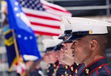 SHOCKING Court Ruling Rocks Military Forever Marines in uniform standing in formation with flags in the background