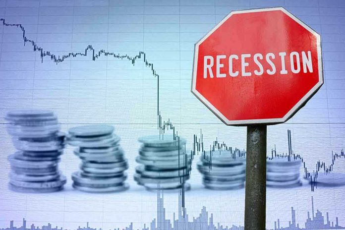 1689740182 Recession sign, coin stacks, downward stock chart background.