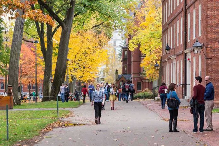 People walking on a college campus in autumn.