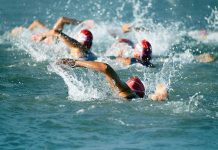 Group of swimmers racing in open water.
