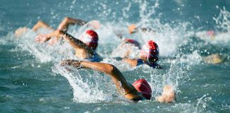 Group of swimmers racing in open water.