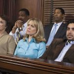 A diverse group of jury members sitting in a courtroom with serious expressions