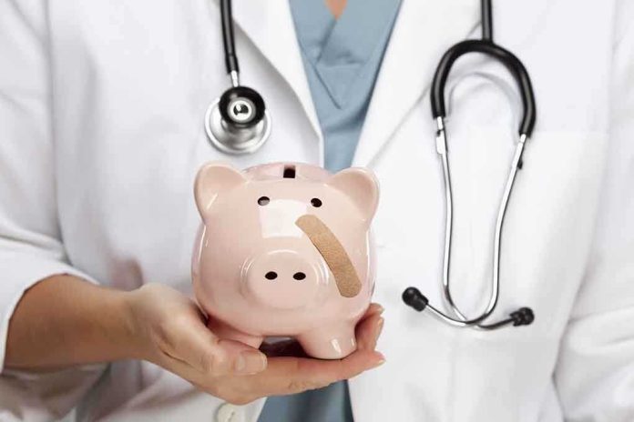 shutterstock_125898980.jpg A doctor in a white coat holding a piggy bank with a bandage on it