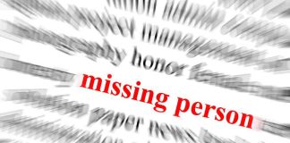 Text graphic highlighting missing person in red among blurred words