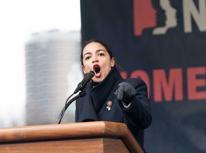 1289128282 Woman speaking passionately at podium during outdoor event.
