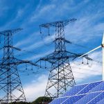 Power lines, solar panels, and wind turbine against sky.