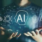 Person holding virtual icons related to artificial intelligence.