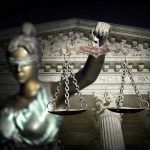 Judge-Police Scandal Erupts – Courthouse Chambers Misused! Blindfolded Lady Justice with scales, Supreme Court background.