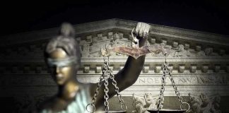 Judge-Police Scandal Erupts – Courthouse Chambers Misused! Blindfolded Lady Justice with scales, Supreme Court background.