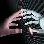 Robot Fight Sparks SF Spectacle Fever! Human and robotic hand reaching out to touch.