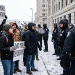 Protesters holding signs against ICE in a snowy environment