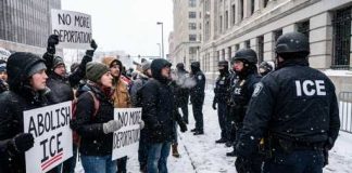 Kids’ Star Storms ICE Facility Protesters holding signs against ICE in a snowy environment