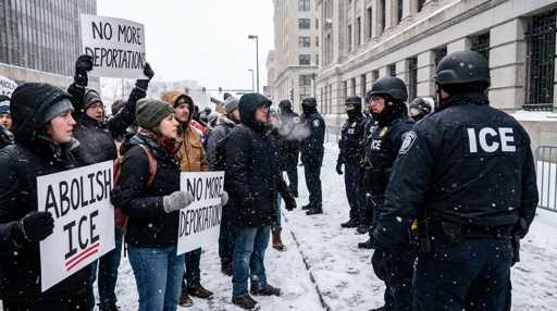 Protesters holding signs against ICE in a snowy environment