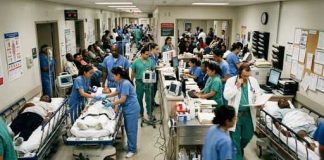 Busy hospital emergency room with medical staff attending to patients