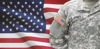 Shocking Army Plot: Abortion Pill Ambush Soldier in camouflage uniform standing before American flag.