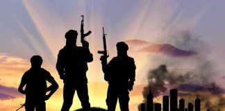 FBI Nabs Activist Over 80 Crypto Transfers Three armed silhouettes near a smoky city skyline.