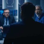 Business team in a dim conference room