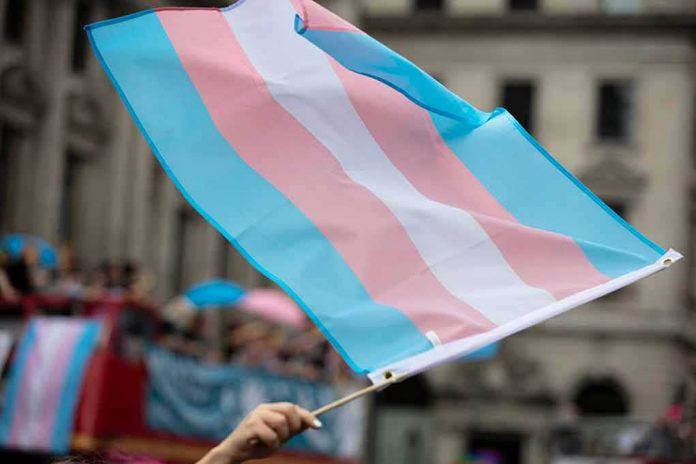 Transgender pride flag waving at a parade