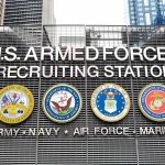 Six-Figure Bonuses, Deeper Crisis U.S. Armed Forces recruiting station facade with service emblems