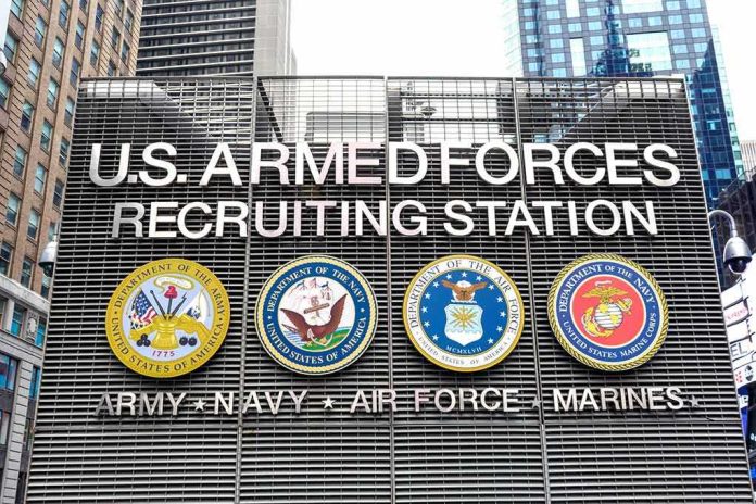 U.S. Armed Forces recruiting station facade with service emblems
