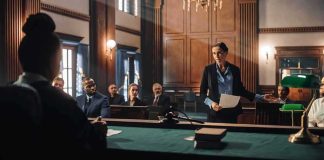 Attorney addressing a judge in a courtroom