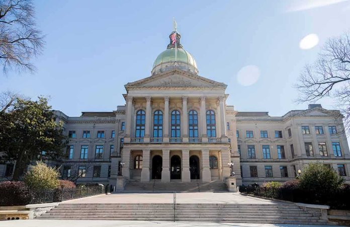 State capitol building with gold dome and columns