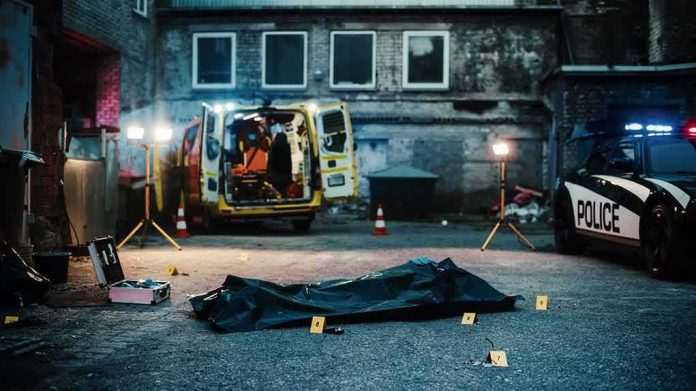 crime scene with body bag in alley