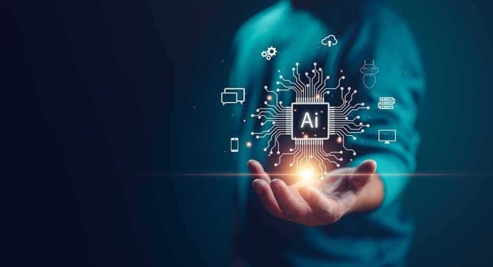 shutterstock_2263545623 Hand holding glowing AI chip with digital circuit icons