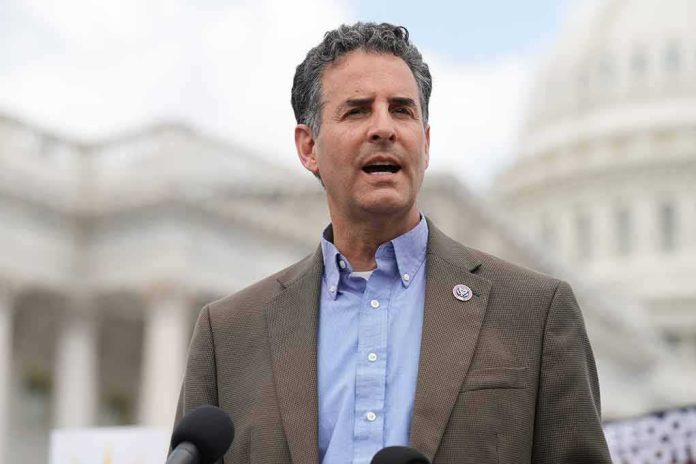man speaking at outdoor podium near government building