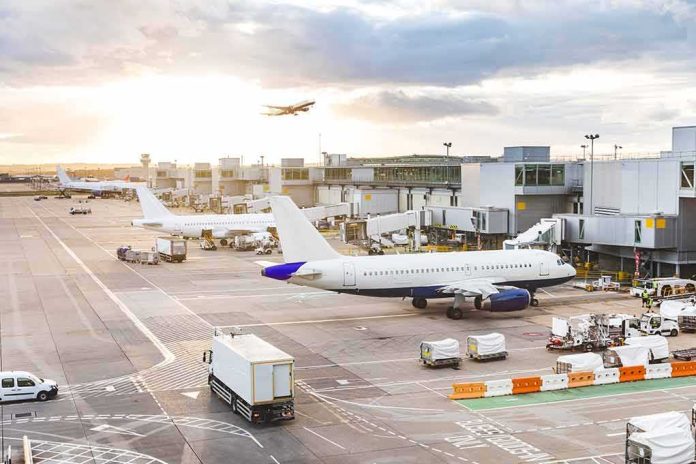 shutterstock_1028090509-1 Airplanes at airport gates during sunset with ground vehicles and jet bridges