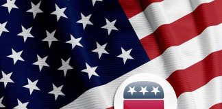 Republicans Plot Last-Minute Surge American flag with Republican elephant emblem