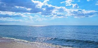 Sandy beach with gentle waves under a bright blue sky