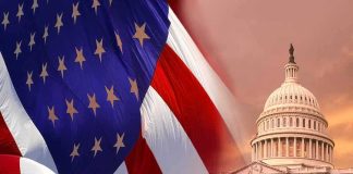 American flag overlaid with the U.S. Capitol building at sunset
