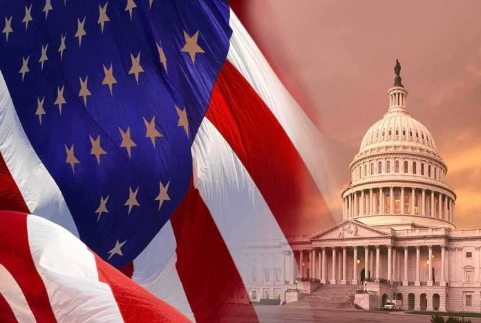 shutterstock_1176744364 American flag overlaid with the U.S. Capitol building at sunset