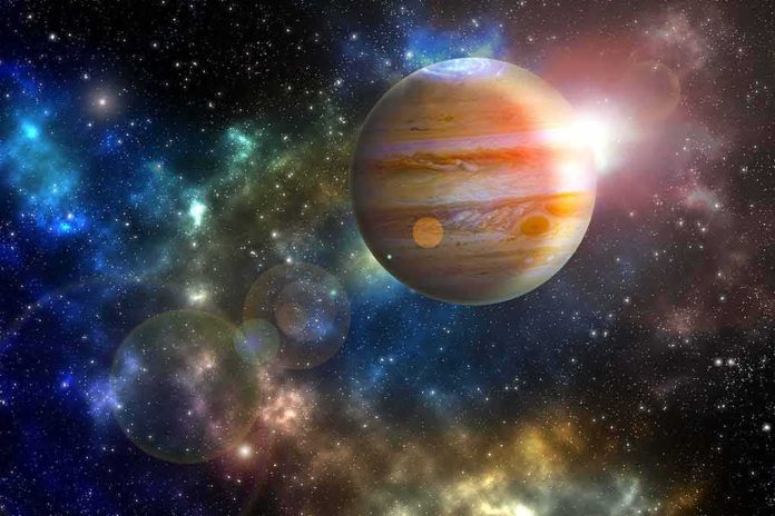 shutterstock_1191159922 Jupiter in a colorful star field with bright lens flares