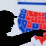 Border Grab Meme Sparks Diplomatic Fire silhouetted person pointing in front of a U.S. election map