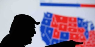 Border Grab Meme Sparks Diplomatic Fire silhouetted person pointing in front of a U.S. election map