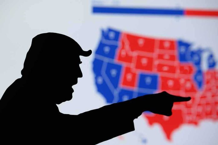 shutterstock_1847727424 silhouetted person pointing in front of a U.S. election map