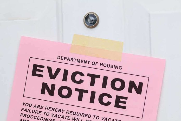 shutterstock_1861456597 Eviction notice taped to a white door