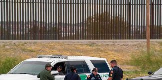 K-9 Sniff Unravels Massive Coke Haul law enforcement officers confer beside patrol vehicles near a border fence