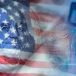 American flag overlay on US currency and financial chart