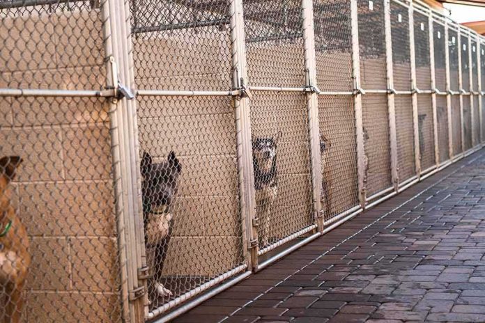 shutterstock_2169008345-1 Dogs in chain-link kennels along a walkway